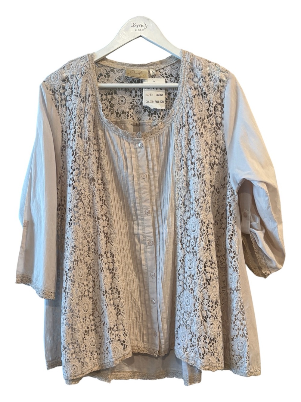 NWT Paper Lace Pale Rose Crochet Lace Boho Tunic Tab Sleeve Top Large